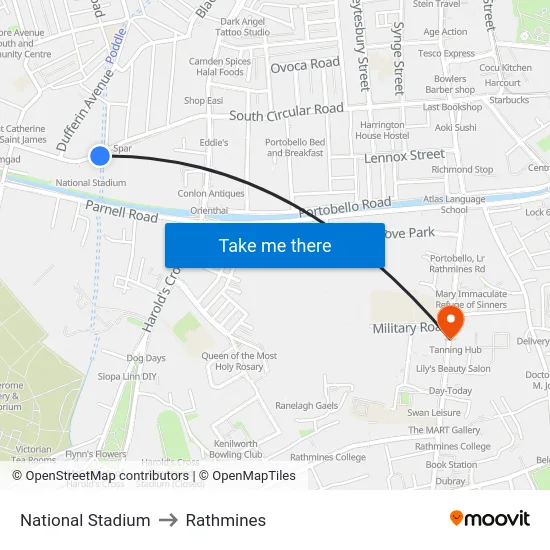 National Stadium to Rathmines map