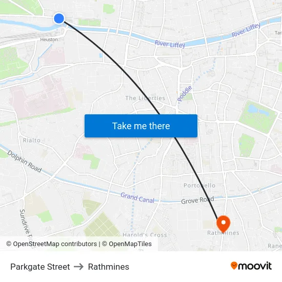 Parkgate Street to Rathmines map