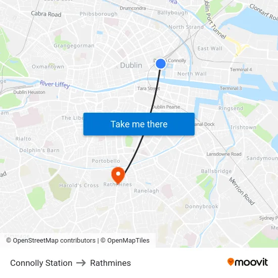 Connolly Station to Rathmines map