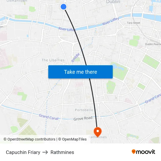 Capuchin Friary to Rathmines map