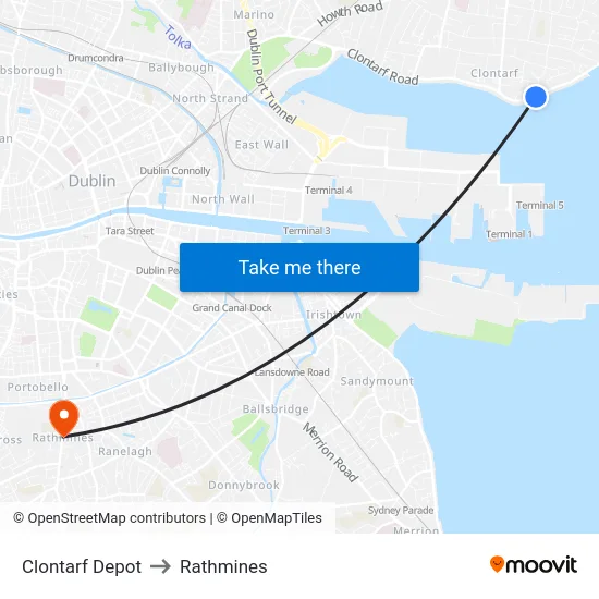 Clontarf Depot to Rathmines map