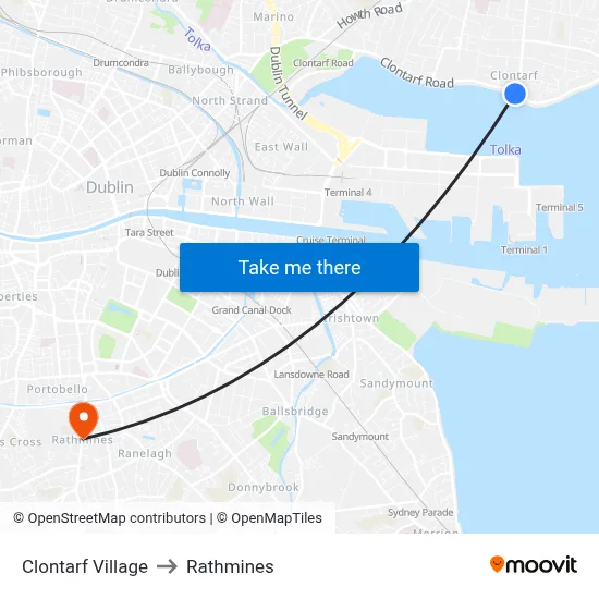 Clontarf Village to Rathmines map