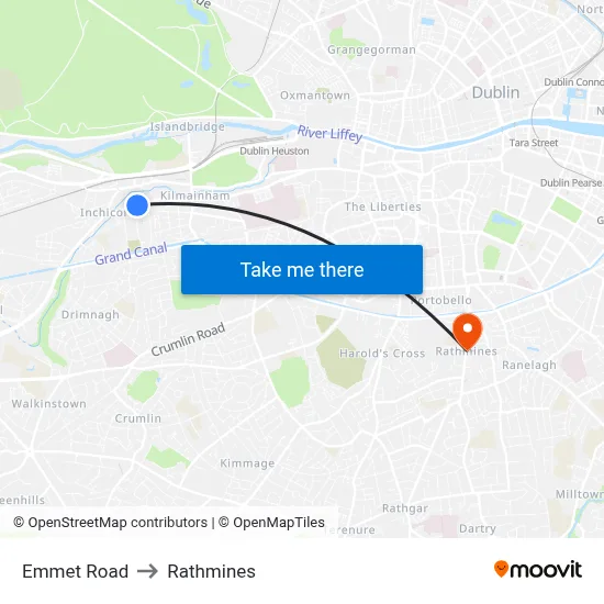 Emmet Road to Rathmines map