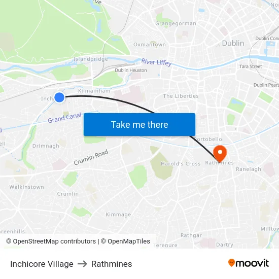 Inchicore Village to Rathmines map