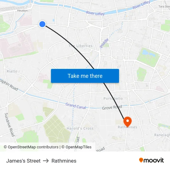 James's Street to Rathmines map