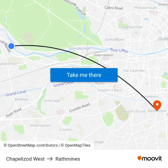 Chapelizod West to Rathmines map