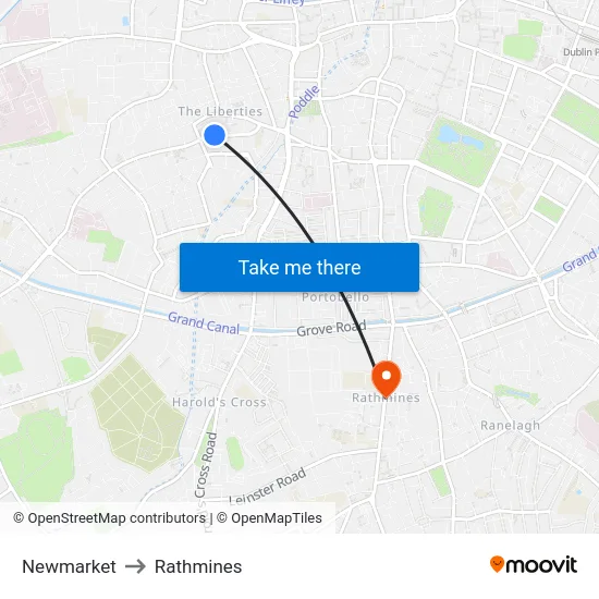 Newmarket to Rathmines map