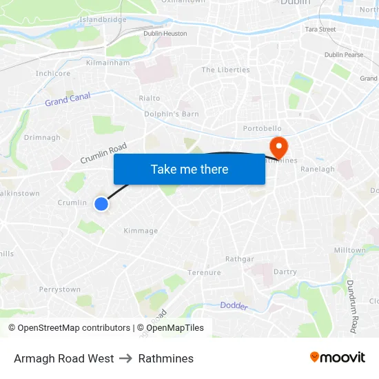 Armagh Road West to Rathmines map