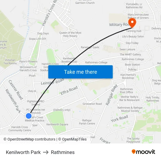 Kenilworth Park to Rathmines map