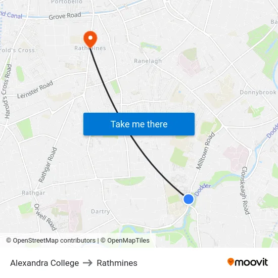 Alexandra College to Rathmines map
