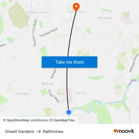 Orwell Gardens to Rathmines map