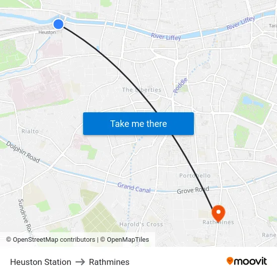 Heuston Station to Rathmines map