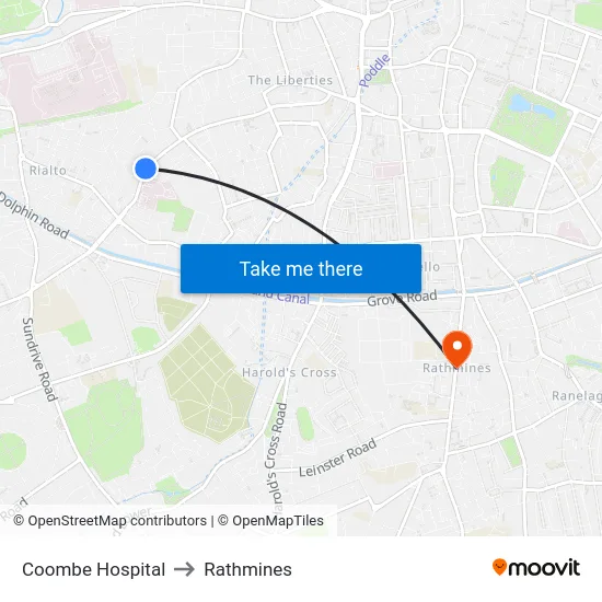 Coombe Hospital to Rathmines map