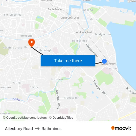 Ailesbury Road to Rathmines map