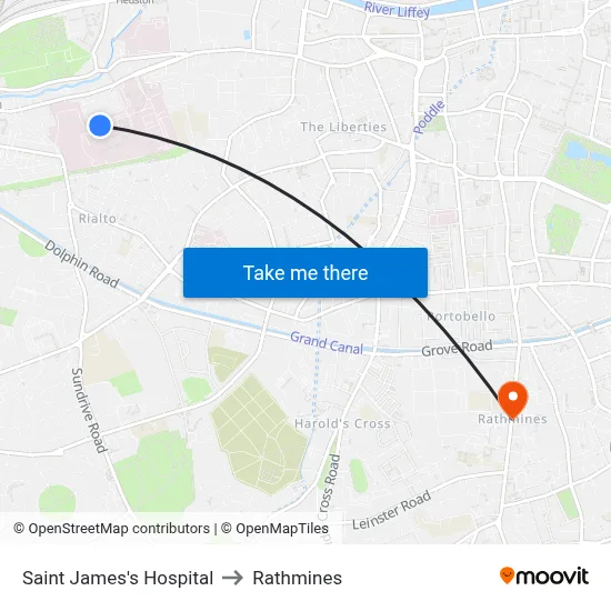 Saint James's Hospital to Rathmines map
