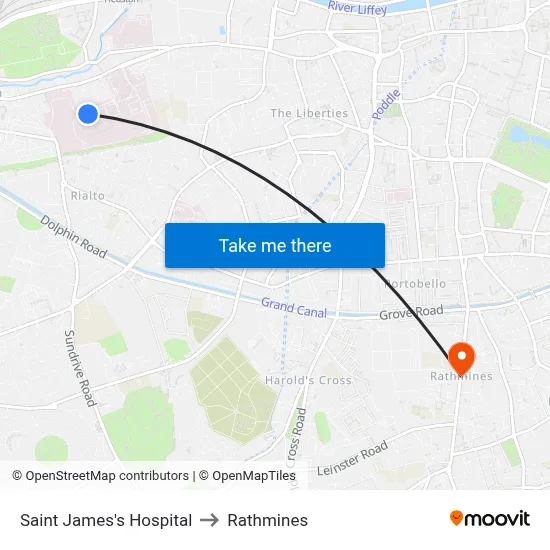 Saint James's Hospital to Rathmines map