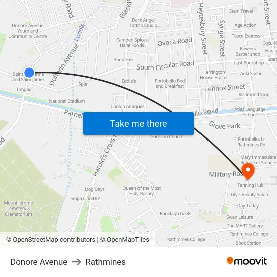 Donore Avenue to Rathmines map