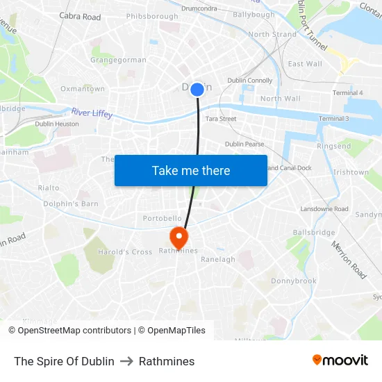 The Spire Of Dublin to Rathmines map
