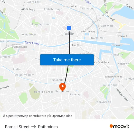 Parnell Street to Rathmines map