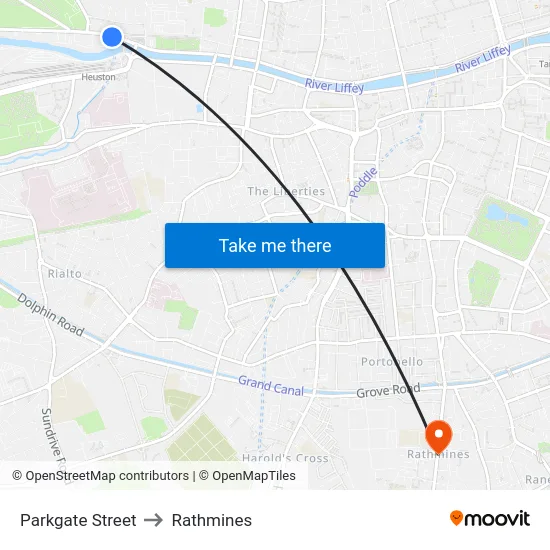Parkgate Street to Rathmines map