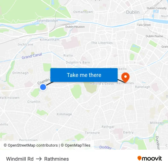 Windmill Rd to Rathmines map
