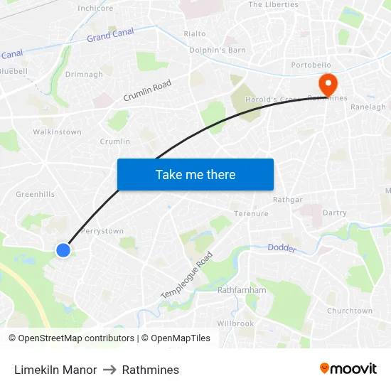 Limekiln Manor to Rathmines map