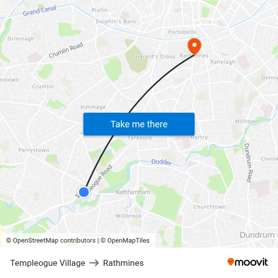 Templeogue Village to Rathmines map