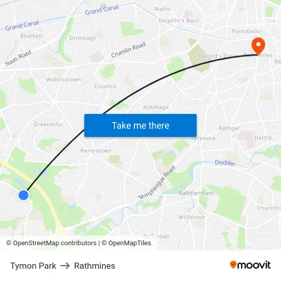 Tymon Park to Rathmines map