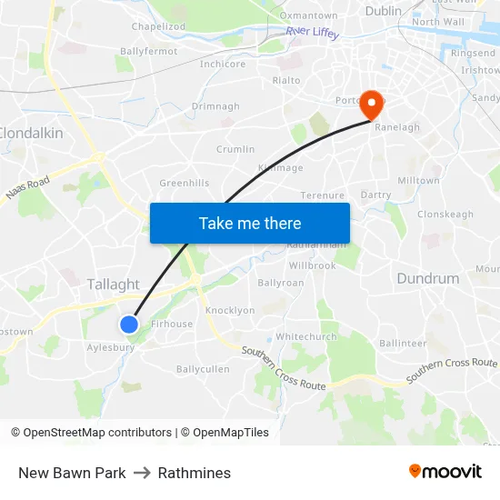 New Bawn Park to Rathmines map
