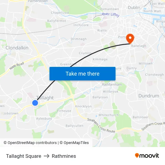 Tallaght Square to Rathmines map