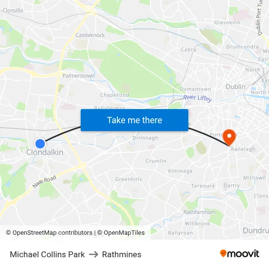 Michael Collins Park to Rathmines map