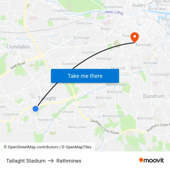 Tallaght Stadium to Rathmines map