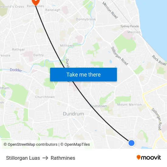 Stillorgan Luas to Rathmines map