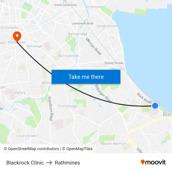 Blackrock Clinic to Rathmines map