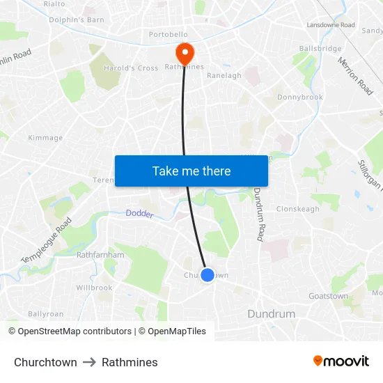 Churchtown to Rathmines map