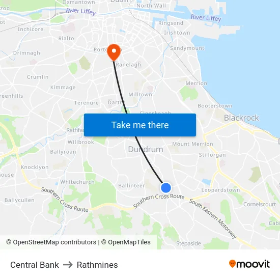 Central Bank to Rathmines map