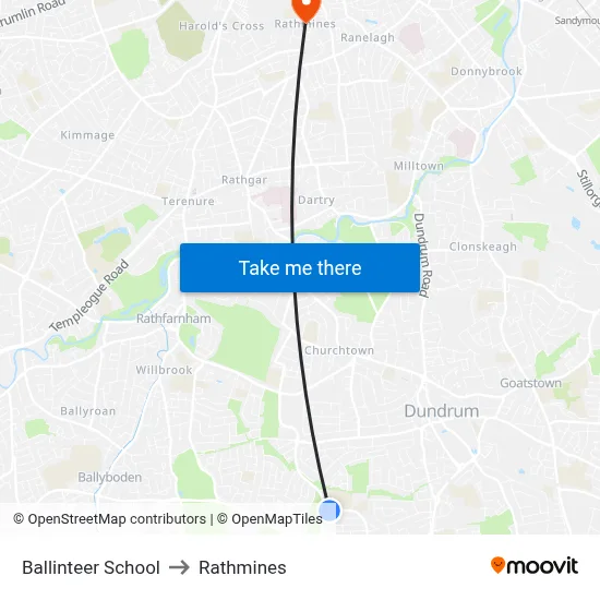 Ballinteer School to Rathmines map