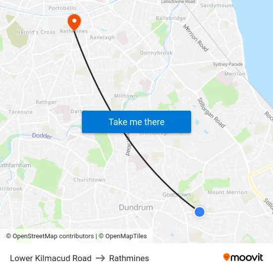 Lower Kilmacud Road to Rathmines map