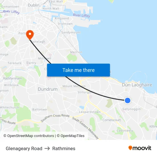 Glenageary Road to Rathmines map