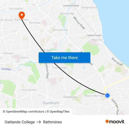 Oatlands College to Rathmines map