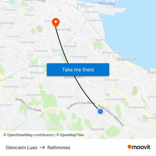 Glencairn Luas to Rathmines map