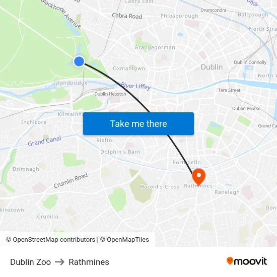 Dublin Zoo to Rathmines map