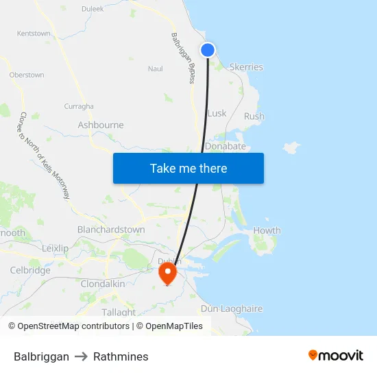 Balbriggan to Rathmines map
