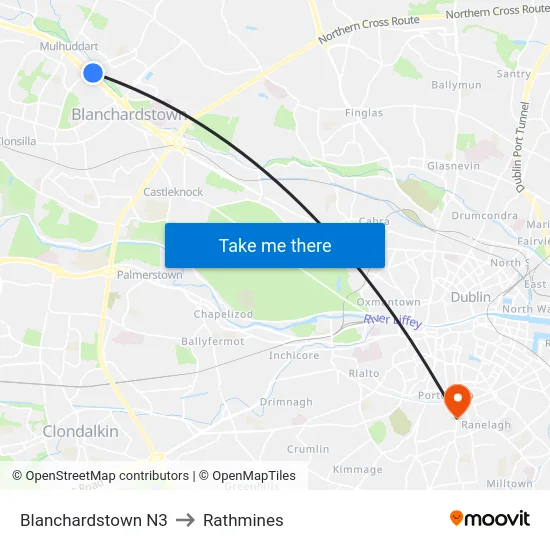 Blanchardstown N3 to Rathmines map