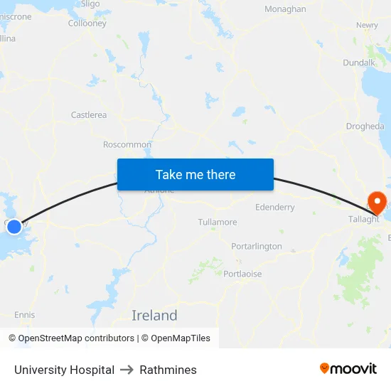 University Hospital to Rathmines map