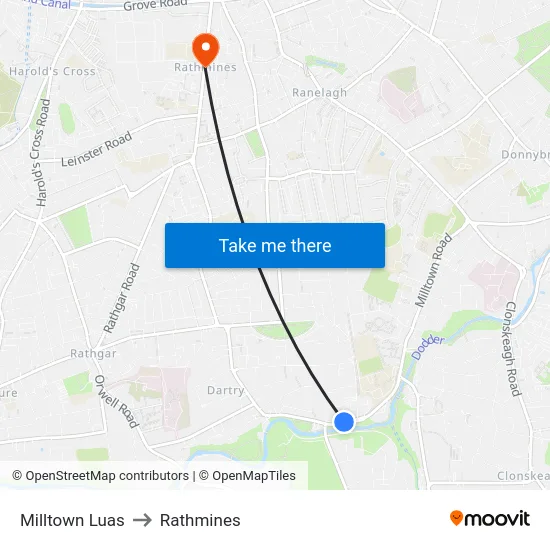 Milltown Luas to Rathmines map