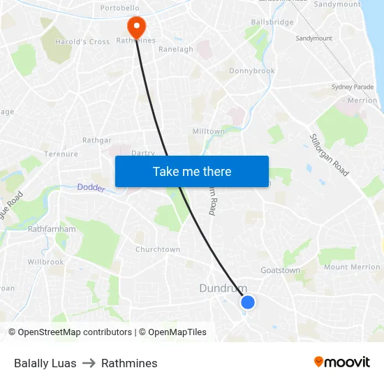 Balally Luas to Rathmines map