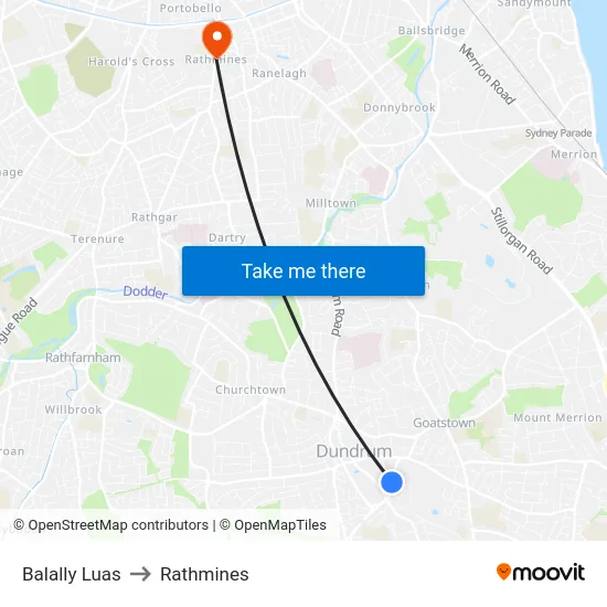 Balally Luas to Rathmines map