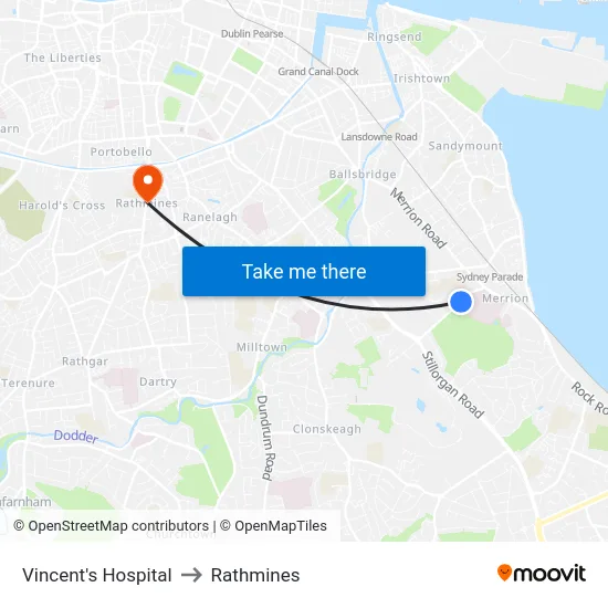 Vincent's Hospital to Rathmines map
