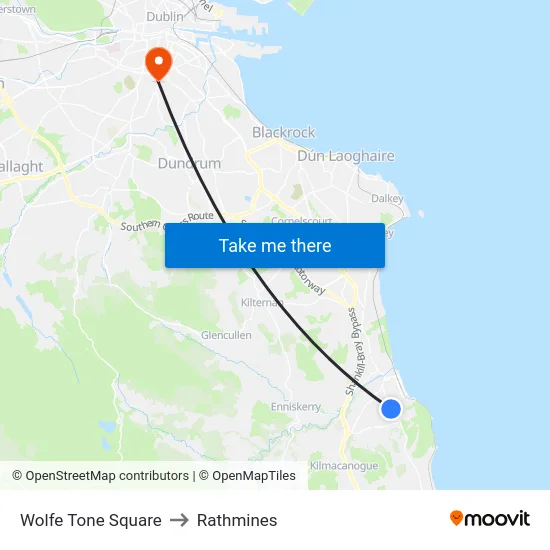 Wolfe Tone Square to Rathmines map